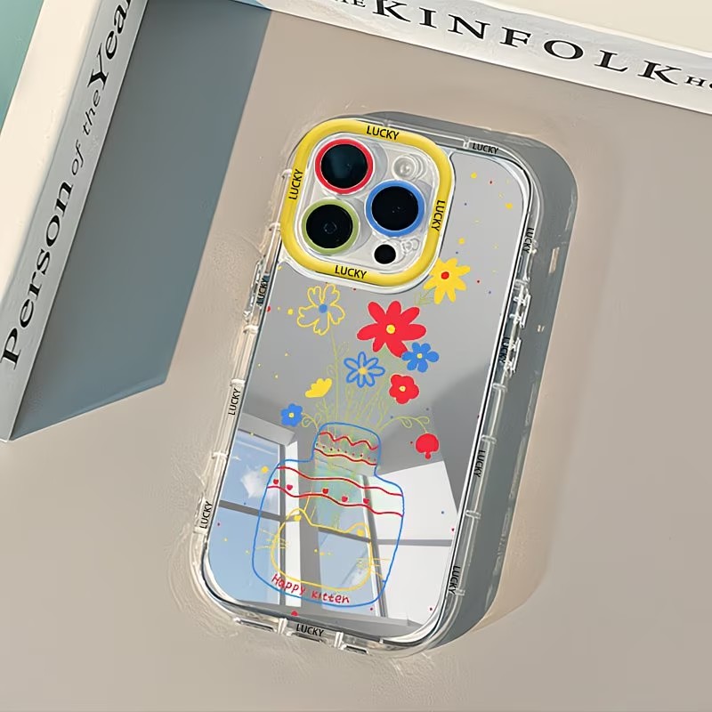 Phone Cases Xr Iphone - 夏のデイジー柄猫花瓶デザインミラー付きスマホケース iPhone 17 13 11 12