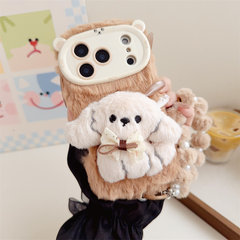 3D漫画風リボン付き子犬のふわふわぬいぐるみスマホケース i - Phone Cases For Iphone 16 のレビューと価格